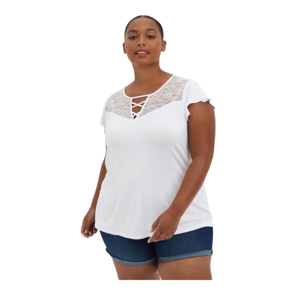 Torrid Super Soft Lace Insert Strappy Top Blouse White Flutter Sleeves | Size 2X